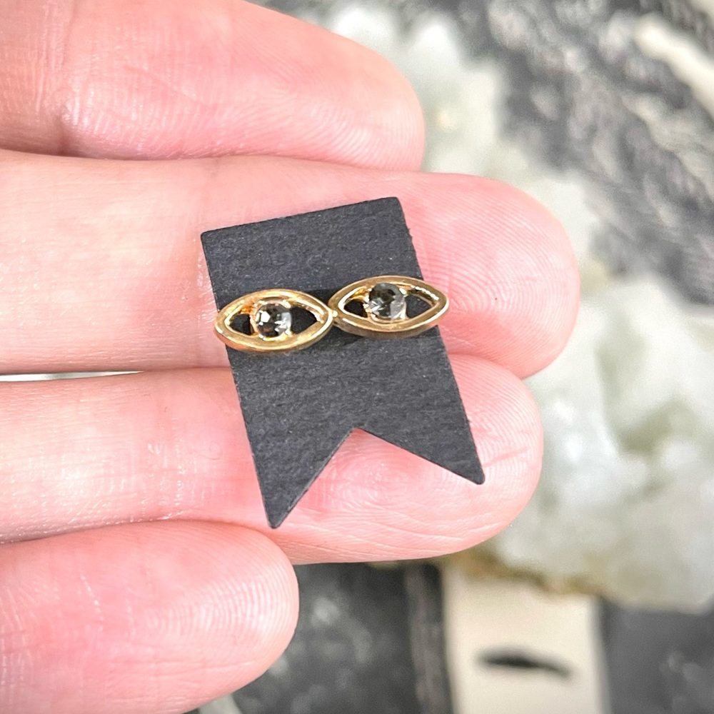 🖤 Magic Eye Post Earrings 🖤 Golden Metal with Blue Grey Glass ✨👁️👁️✨